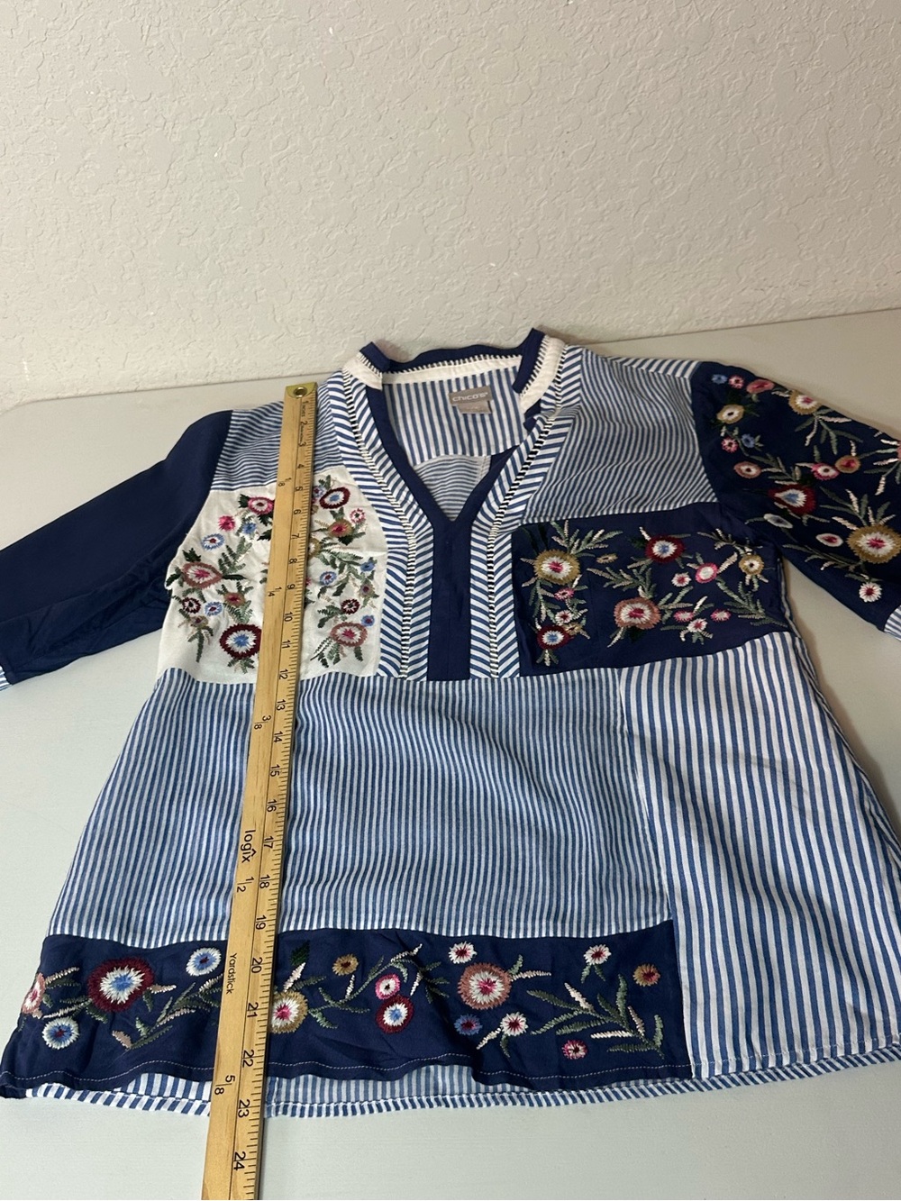 Chico’s Embroidered Floral Striped Patchwork Boho Peasant Blouse Size 2P - Picture 6 of 11